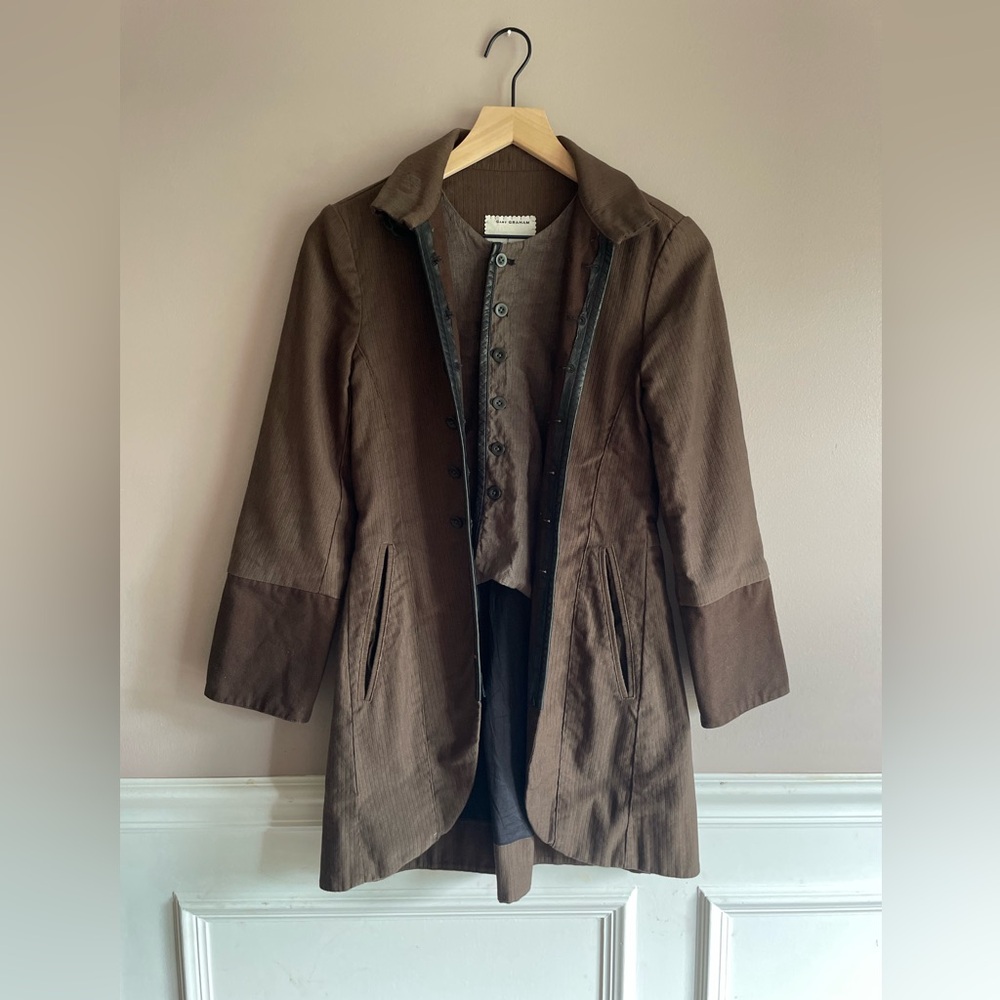 Gary Graham Brown Layered Multi-Button Jacket Black Leather Trim Size 2